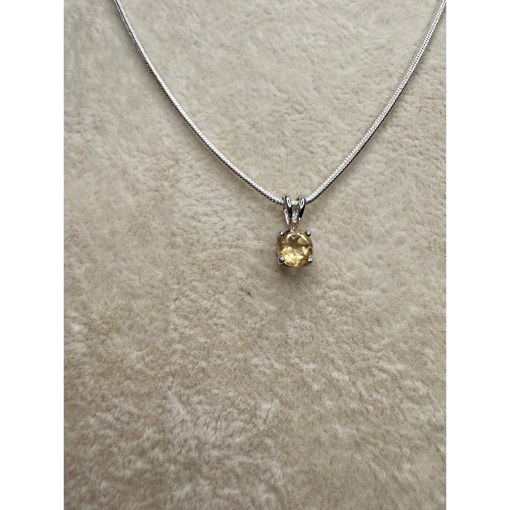 925 Sterling Silver Round Citrine Pendant Necklace 18" Snake Chain Yellow Gem